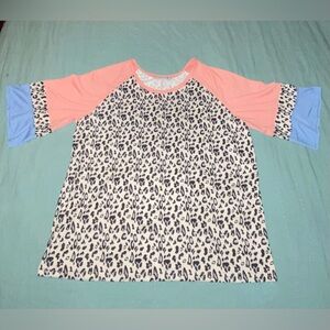 Miss look leopard print shirt 3XL, 3/4 length sleeve, multi-color pink/blue